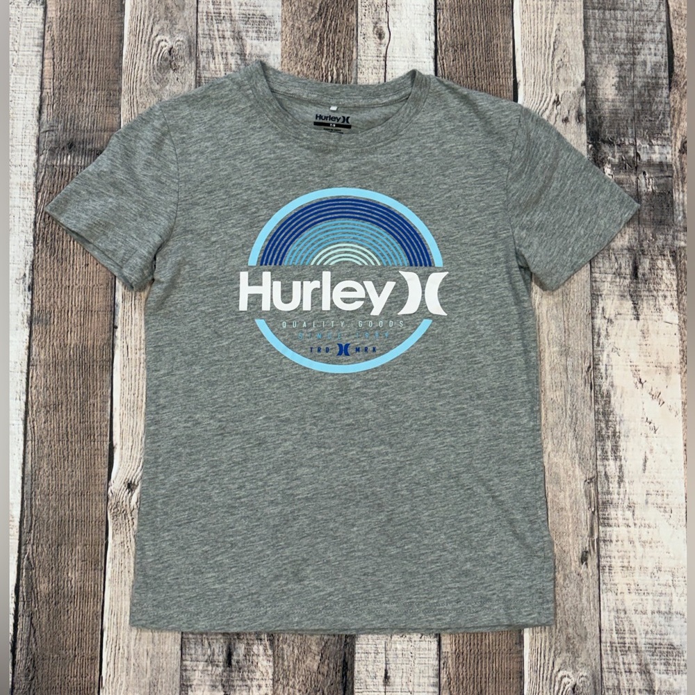 Hurley Logo Tee | Boys Youth 7/8 • Gray, Blue Graphic T Shirt Casual